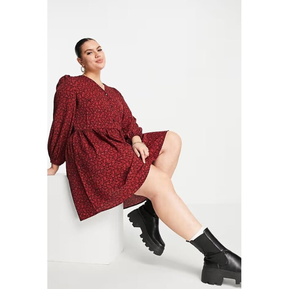 ASOS Urban Threads, Ditsy Floral V-Neck Long-Sleeve Swing Dress, Burgundy (18W) - Picture 15 of 16